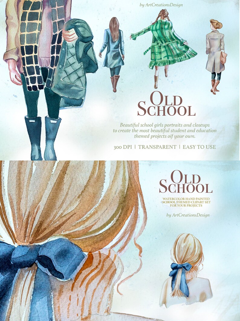 K&ouml;nnte beinhalten: Aquarellillustrationen von M&auml;dchen zum Thema Schule in verschiedenen Outfits. Das Bild enth&auml;lt den Text "Old School" und Details &uuml;ber das Clipart-Set, einschlie&szlig;lich "300 DPI | TRANSPARENT | EASY TO USE".