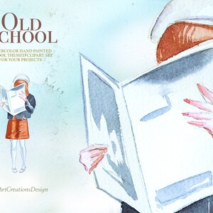K&ouml;nnte beinhalten: Aquarell-Illustration mit dem Text "Old School". Das Bild zeigt eine Person, die ein Buch liest, Teil eines Clipart-Sets zum Thema Schule. Das Kunstwerk ist handgemalt und f&uuml;r verschiedene Projekte geeignet.