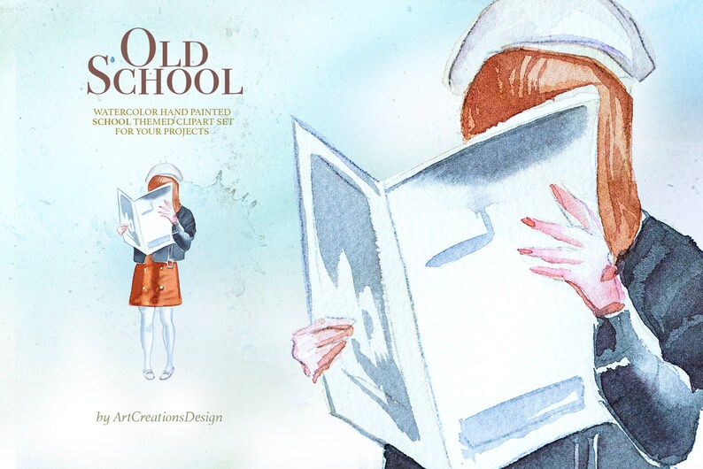 K&ouml;nnte beinhalten: Aquarell-Illustration mit dem Text "Old School". Das Bild zeigt eine Person, die ein Buch liest, Teil eines Clipart-Sets zum Thema Schule. Das Kunstwerk ist handgemalt und f&uuml;r verschiedene Projekte geeignet.