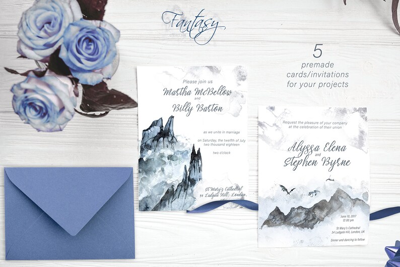 Watercolor Fantasy Premade CardsInvitations Set,Mythical,Dragons,Mountains,Wedding Stationery,Templates,Fog,Forest,Clipart,Png,Transparent