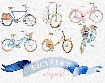 Aquarell Vintage Fahrrad Clipart, Handbemalt PNG (Digitaldruck)