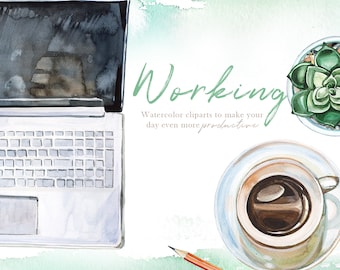 Aquarell Arbeiten Clipart Set, Arbeit, Job, Bürobedarf, Schulbedarf, Gläser, Laptop, Planer, Bleistift, PapierFlugzeug, digitale Scrapbooking