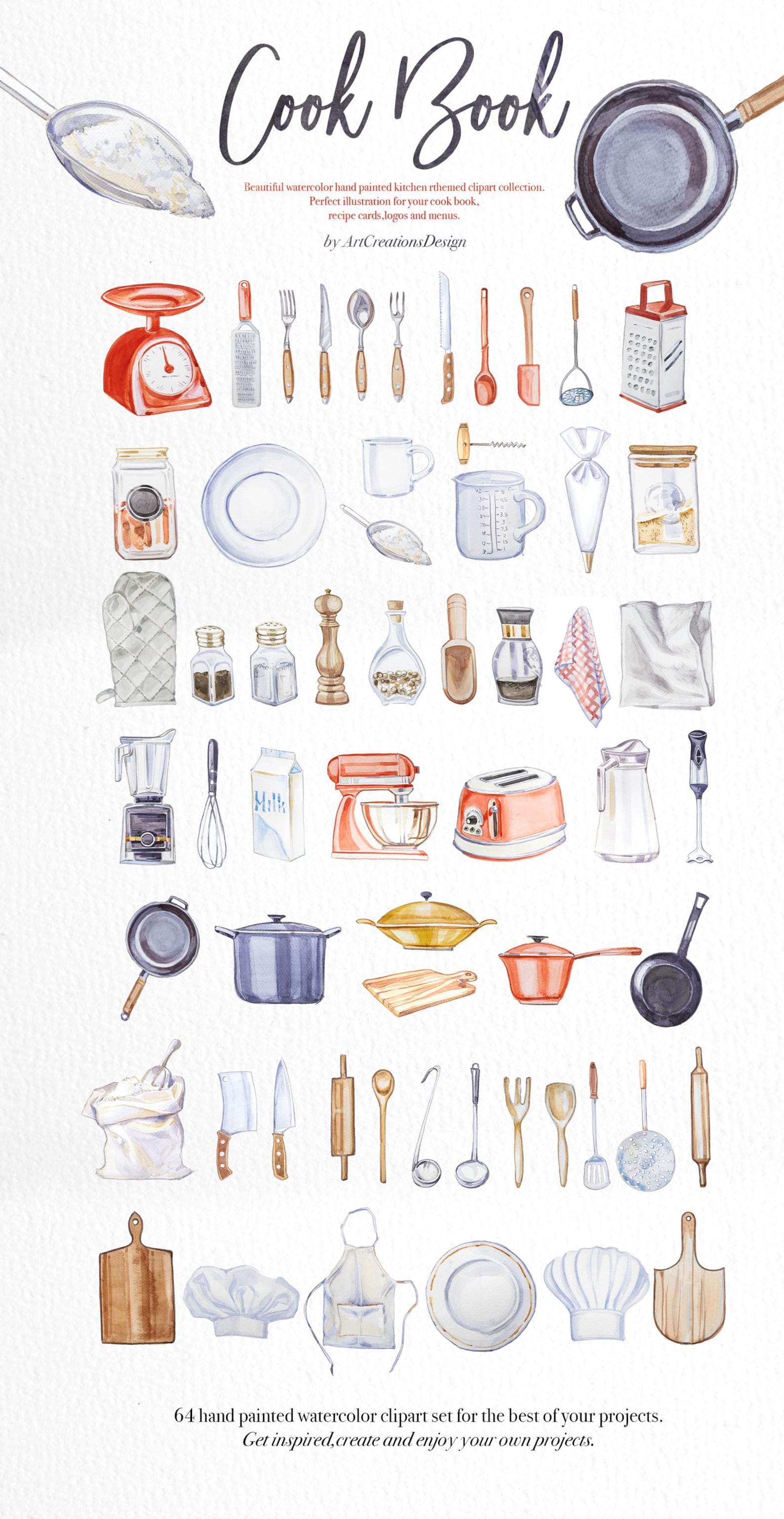 Cookbook Tools Watercolor Cook Book Clipart Set,cookbook Cover,kitchen Utencils ...
