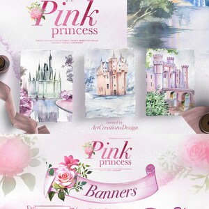 May include: Watercolour illustrations of castles, carriages, and banners with floral accents. The text "Pink princess" is displayed. Hand-painted designs, ideal for Victorian-themed projects to create a vintage atmosphere.