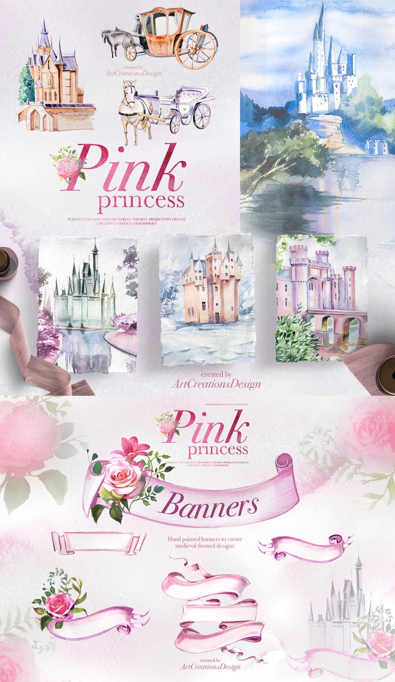 May include: Watercolour illustrations of castles, carriages, and banners with floral accents. The text "Pink princess" is displayed. Hand-painted designs, ideal for Victorian-themed projects to create a vintage atmosphere.