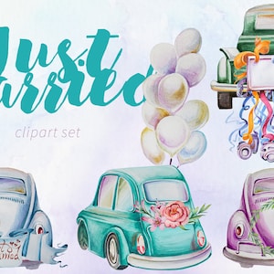 May include: Watercolor clipart set featuring vintage cars decorated for a wedding. The image includes a teal car with floral accents, a green car with a sign, and a purple car with a wreath. The words "Just Married" are written in teal script.