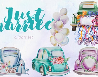 Watercolor Just Married Clipart Set,Wedding Cars,Wedding Theme,Rustic,Bouquet,Flowers,PNG,Transparent,DIY Invitation,Design Elements