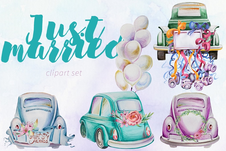 May include: Watercolor clipart set featuring vintage cars decorated for a wedding. The image includes a teal car with floral accents, a green car with a sign, and a purple car with a wreath. The words "Just Married" are written in teal script.