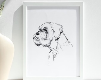 Boxer Dog Sketch Art Print, Charcoal Drawing, Modern Pet Portrait