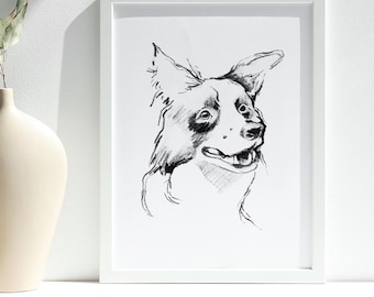 Border Collie Dog Art Print, Charcoal Sketch Portrait
