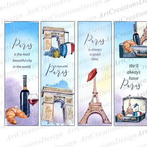 Segnalibri di Parigi stampabili, set di 4 segnalibri digitali, accessori per libri francesi, acquerello Parigi stampabile, regalo per gli amanti dei libri, Torre Eiffel