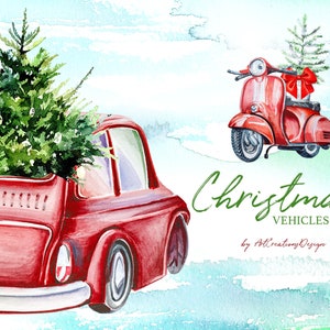 Aquarel kerst voertuig clipartset, kerstillustratie, winterontwerp, auto met kerstboom, fiets, scooter, Vespa, vakantie, december