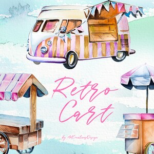 May include: Watercolor illustration of retro carts and a van, featuring a pink, brown, and white color scheme. The image includes a food truck, a cart with a striped awning, and a cart with a parasol. The text "Retro Cart" is written in pink.