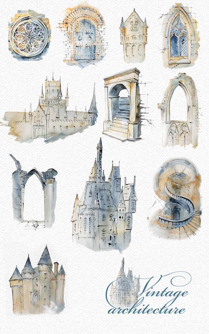 Download Watercolor Vintage Architecture Clipart Set Castle Gothic Fantasy Mythical Wedding Invitation Ink Hand Painted Stairs Png Old Medieval Clip Art Art Collectibles Advancedrealty Com