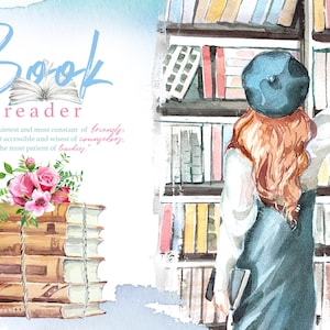 Aquarell Buch Leser Clipart Set, Bücherwurm, Buchliebhaber, Bücherstapel, Blumen, Bibliothek, Rose, Aufkleber, vorgefertigte Karte, Schüler, Bildung, Schule, Studium