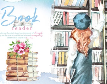 Watercolor Book Reader Clipart Set,Bookworm,Book Lover,Book Stack,Flowers,Library,Rose,Stickers,Premade Card,Student,Education,School,Study