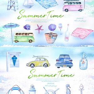 May include: Watercolor illustrations of summer-themed objects, including cars, a sailboat, beach towels, and seashells. The text "Summer Time" is displayed in green script, with additional text below. The artwork features a light blue and pink color palette.