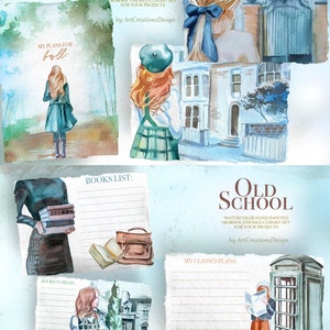 K&ouml;nnte beinhalten: Aquarell-Clipart-Set zum Thema "Old School". Das Bild zeigt Illustrationen von Sch&uuml;lern, Geb&auml;uden und schulbezogenen Gegenst&auml;nden. Der Text enth&auml;lt "My Plans for Fall", "Books List" und "My Classes Plans".