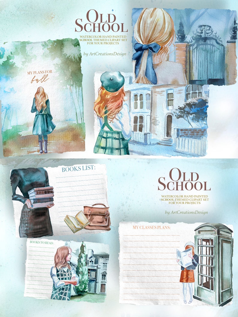 K&ouml;nnte beinhalten: Aquarell-Clipart-Set zum Thema "Old School". Das Bild zeigt Illustrationen von Sch&uuml;lern, Geb&auml;uden und schulbezogenen Gegenst&auml;nden. Der Text enth&auml;lt "My Plans for Fall", "Books List" und "My Classes Plans".