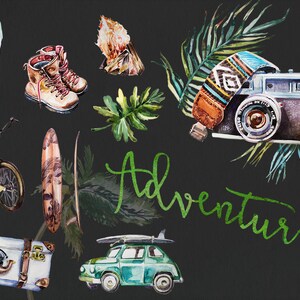 Watercolor Adventure Clipart Set,Retro Vehicles,Surfing Board,Traveling Clipart,Palm Tree,Backpack,Digital Scrapbooking,Summer Clipart,PNG