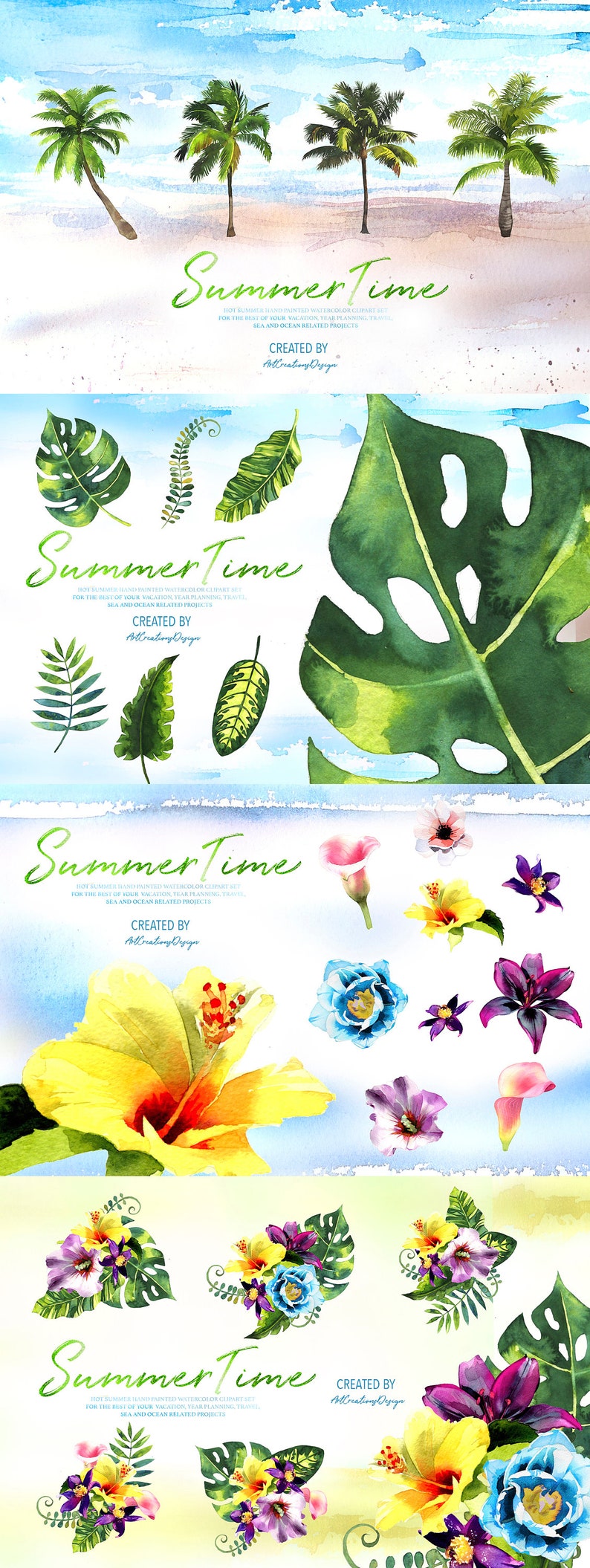 May include: Watercolor illustrations of palm trees, tropical leaves, and flowers. The text "Summer Time" is written in green cursive. The image is a digital art set for vacation, travel, and sea-related projects.