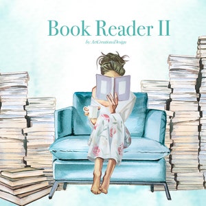 Aquarell Book Reader II Clipart-Set, Bücherwurm, Buchliebhaber, Bücherstapel, Blumen, Bibliothek, Aufkleber, vorgefertigte Karte, Schüler, Bildung, Schule, Studium