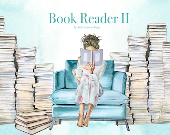 Watercolor Book Reader Clipart Set, Library, Student (Digital Download)