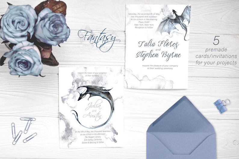 Watercolor Fantasy Premade CardsInvitations Set,Mythical,Dragons,Mountains,Wedding Stationery,Templates,Fog,Forest,Clipart,Png,Transparent