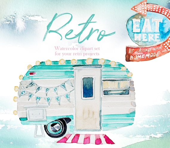 Watercolor Retro Clipart Bundle, Vintage Camp, PNG (Digital Download)