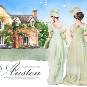 Watercolor Austen Clipart Set, Victorian Woman,Vintage house, Landscapes, Flower Garden, Romantic Novel, Planner Stickers, Wall Art, Jane