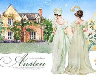 Hand-Painted Watercolor Austen Clipart, Victorian Women, Vintage House, Romantic Garden (PNG)