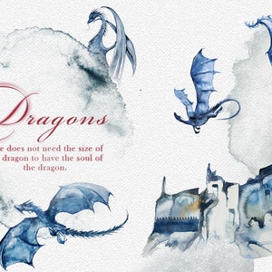 Watercolor Dragons Clipart Set,Fantasy,Myth,Mythical,Fairytale,Castle,Tower,Fantastic Creature,Magic,Magical,Wedding Stationery,Imagination