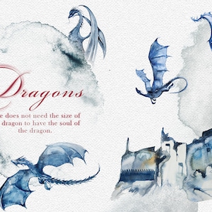 Aquarel draken clipartset, fantasie, mythe, mythisch, sprookje, kasteel, toren, fantastisch wezen, magie, magisch, bruiloft briefpapier, verbeelding