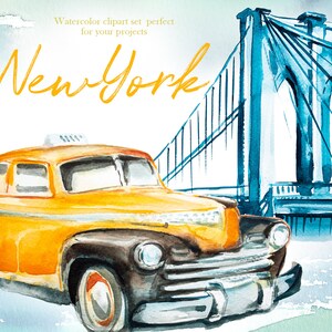 Conjunto de clipart aquarela de Nova York, cidade de Nova York, cachorro-quente, Empire State Building, estátua da liberdade, ponte do Brooklyn, paisagem da cidade, viagem, táxi