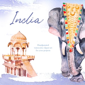 Aquarel India clipartset, reizen, ontdekken, avontuur, ornament, symbool, olifant, cobra, Taj Mahal, cultuur, architectuur, teken, lotos, png