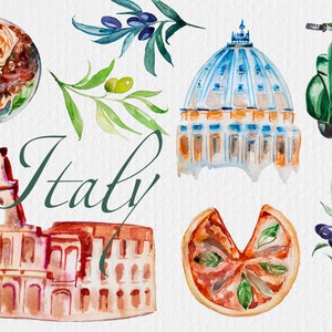 Watercolor Italy Clipart Set,Rome,Pizza,Spaghetti,Vespa,Flag,Mediterranean,Coliseum,Olive Branch,Tower of Pisa,Grapes,Travel,Adventure,Trip