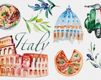 Watercolor Italy Clipart Set,Rome,Pizza,Spaghetti,Vespa,Flag,Mediterranean,Coliseum,Olive Branch,Tower of Pisa,Grapes,Travel,Adventure,Trip