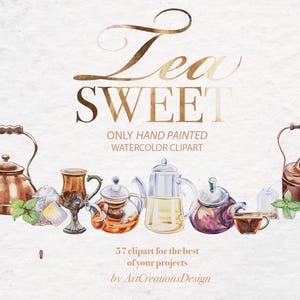 Conjunto de clipart de chá doce em aquarela, bule de chá vintage, xícara de chá, chá de melissa ou menta, bebida de ervas, chaleira pintada à mão,