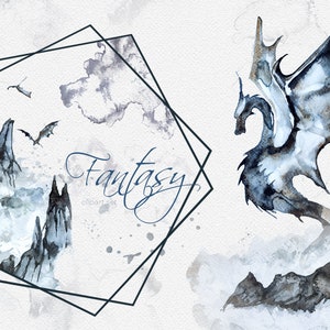 Watercolor Fantasy Clipart Set,Mythical,Dragons,Mountains,Wedding Stationery,Templates,Fog,Forest,Mythology,Png,Transparent