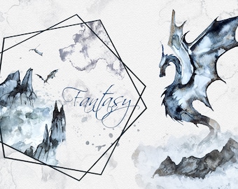 Watercolor Fantasy Clipart Set,Mythical,Dragons,Mountains,Wedding Stationery,Templates,Fog,Forest,Mythology,Png,Transparent