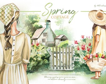 May include: Watercolor illustration of a spring cottage scene. Two figures in dresses and hats are in a garden with a cottage, picket fence, and flowers. The text "Spring Cottage" is at the top.
