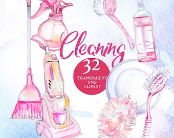 Watercolor Cleaning Clipart Set, Household Chores (Digital Download)