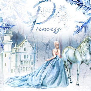 Watercolor Princess Clipart Set,Fairytale Illustration,Fantasy Design,Cinderella,Frozen,Snowflakes,Winter,Ice,Castle,Landscapes,Medieval,
