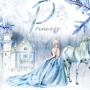 Watercolor Princess Clipart Set,Fairytale Illustration,Fantasy Design,Cinderella,Frozen,Snowflakes,Winter,Ice,Castle,Landscapes,Medieval,