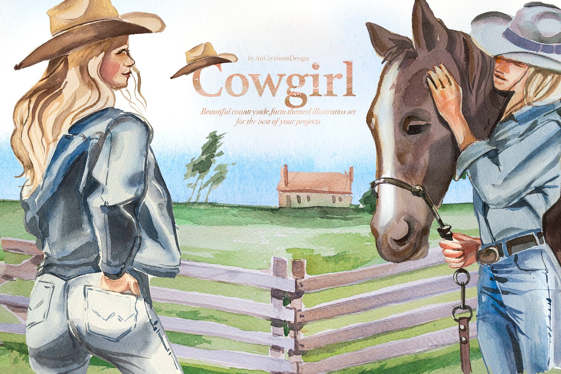 Watercolor Cowgirl Clipart,Cowboy Illustration,Rodeo,Barn Farm Design,Countryside,Village,Texas,Horses,Wild West,Woman Stickers,Cowboy Boots