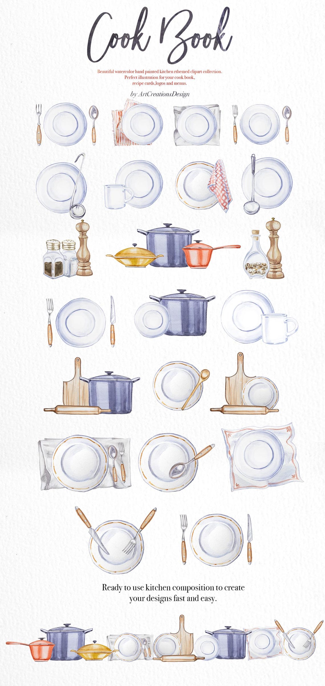 Cookbook Tools Watercolor Cook Book Clipart Set,cookbook Cover,kitchen Utencils ...