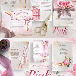 May include: A selection of premade vintage-themed cards with a pink princess theme. The watercolour illustrations feature keys, bows, flowers, and text. The cards are designed for various events, including birthdays and Victorian tea parties.
