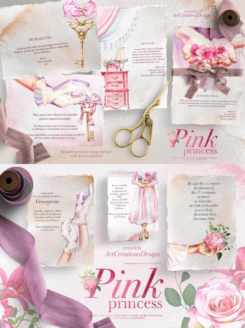 May include: A selection of premade vintage-themed cards with a pink princess theme. The watercolour illustrations feature keys, bows, flowers, and text. The cards are designed for various events, including birthdays and Victorian tea parties.