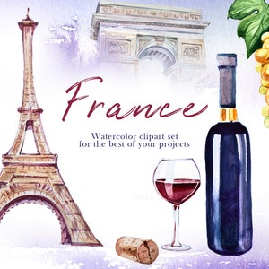 Aquarel Frankrijk clipartset, Eiffeltoren, Parijs, bitterkoekjes, wijn, kaas, triomfboog, vlag, geval, croissant, scrapbooking, zomer clipart, png