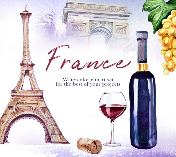 Watercolor France Clipart Set,Eiffel Tower,Paris,Macaroon,Wine,Cheese,Triumphal Arch,Flag,Case,Croissant,Scrapbooking,Summer Clipart,PNG